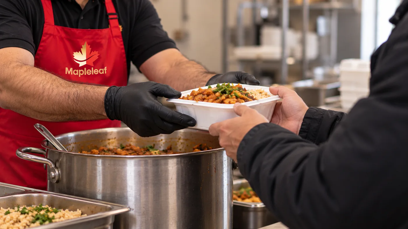 A volunteer handing a hot meal to someone at the Mapleleaf Community Kitchen