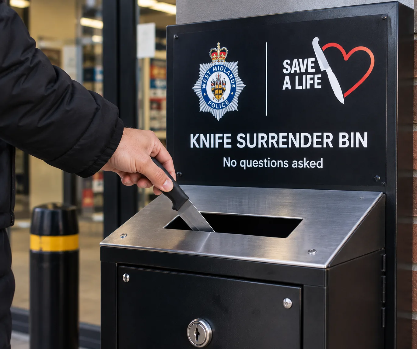 A Save a Life knife surrender bin at a Mapleleaf station