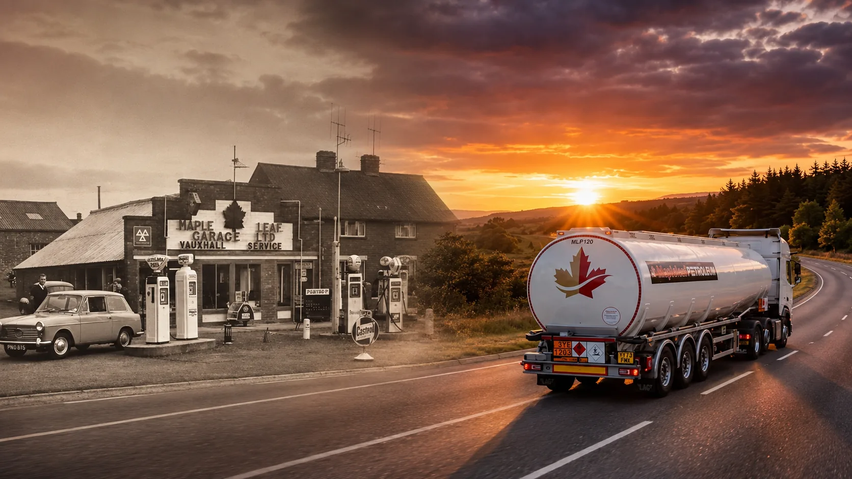 A Mapleleaf Petroleum tanker on the road at sunset