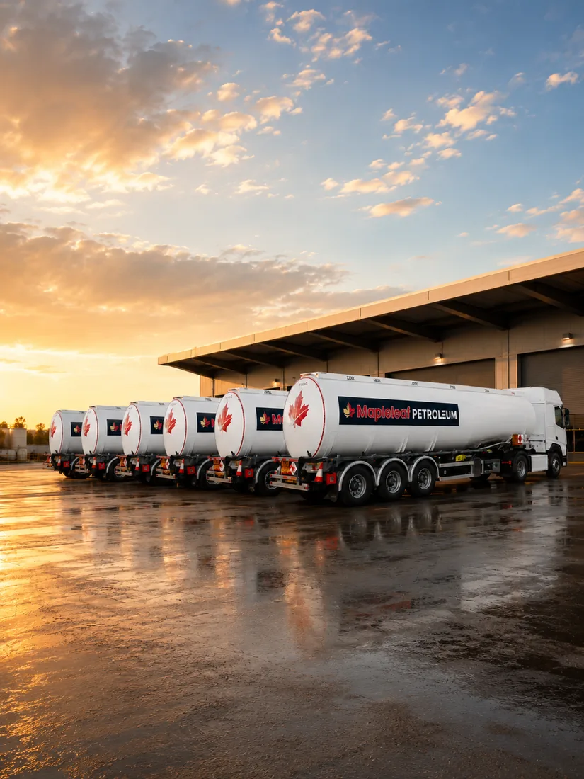 Mapleleaf tankers lined up at a depot at sunset