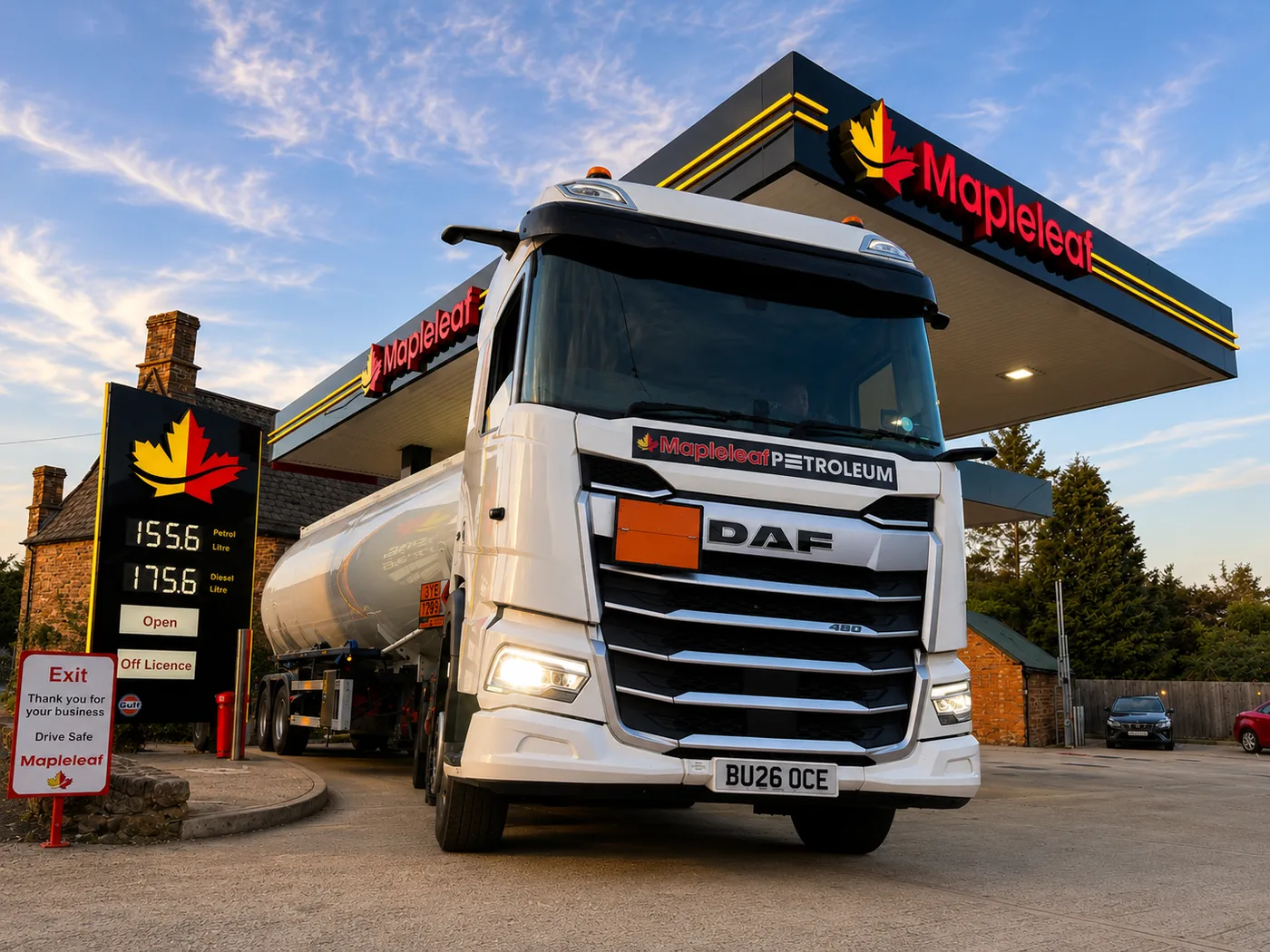 A Mapleleaf Petroleum tanker filling up beside a Mapleleaf canopy