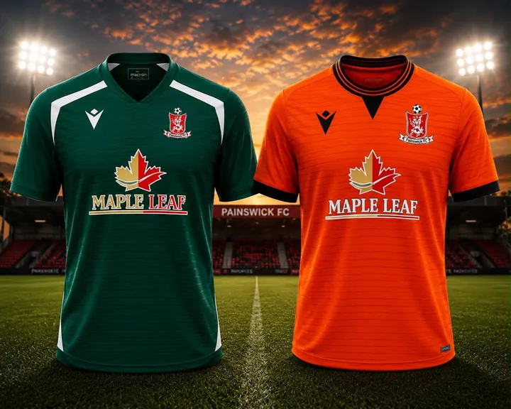 A green and an orange Maple Leaf football shirt shown side by side in a floodlit stadium
