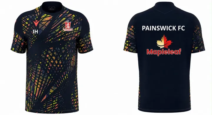 Front and back of a black patterned Painswick FC training top with the Mapleleaf logo